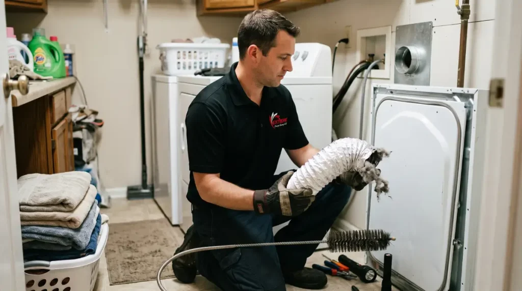 Signs of a clogged dryer vent: technician holding a lint-clogged dryer hose behind a dryer