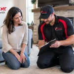 How often should you clean carpet: technician reviewing a carpet cleaning schedule with a homeowner in her living room