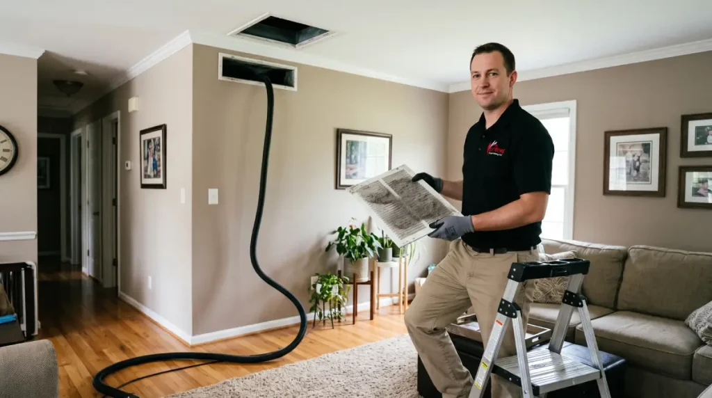 How often should you clean air ducts: Extreme Carpet Cleaning technician holding a dusty vent cover in a living room