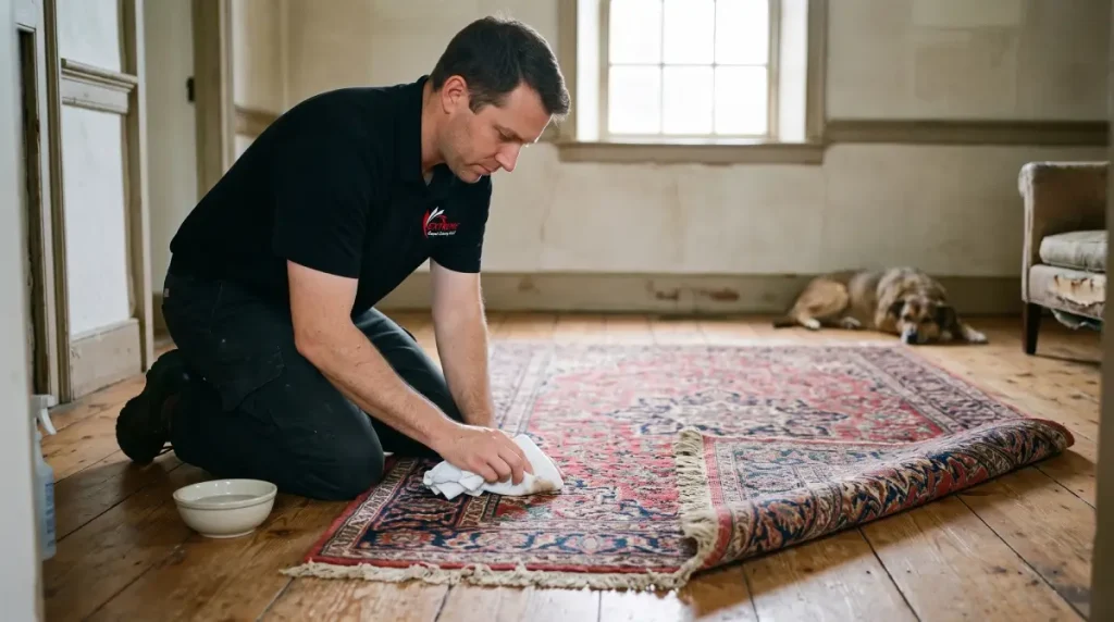 How to clean a wool rug: technician blotting a spot on a wool oriental rug in a farmhouse living room