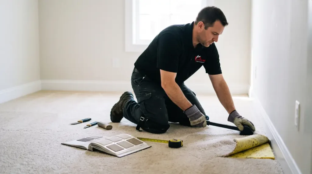 Repair or replace carpet: installer stretching a carpet ripple with a knee kicker next to carpet samples