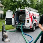 Truck-mounted carpet cleaning van with hoses running to a home, next to a small rental carpet cleaner