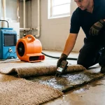 Can wet carpet be saved: a wet carpet corner pulled back in a basement showing damp pad