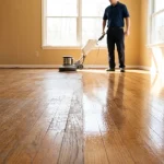 Hardwood floor recoat vs refinish: a hardwood floor with a dull scuffed area next to a glossy freshly recoated section