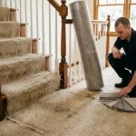 How long does carpet last: worn matted carpet on a staircase landing next to a fresh roll of new carpet and sample swatches