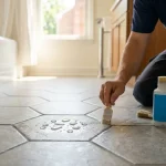 How often to seal grout: water droplets beading on freshly sealed bathroom floor grout
