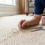 How to fix a snag in carpet: close-up of a pulled loop running across a berber carpet