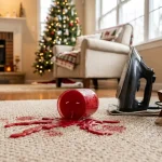 How to get candle wax out of carpet: a red holiday candle tipped over on a beige carpet with hardened wax drips