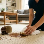 How to get coffee stains out of carpet: a spilled coffee mug on a cream carpet with a brown stain