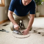 How to patch carpet: a technician pressing a neatly cut carpet patch into place with a seam iron