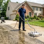 How to pressure wash a driveway: a concrete driveway half cleaned with a surface cleaner showing a crisp clean stripe beside dark weathered concrete