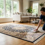 Silk rug cleaning: a shimmering silk area rug in a bright, elegant living room