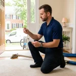 What is IICRC certification: a professional carpet cleaning technician in a navy polo beside a truck-mounted hose in a bright home entryway