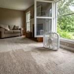Why does my carpet smell after cleaning: a damp freshly cleaned carpet in a country home with windows open and a box fan running