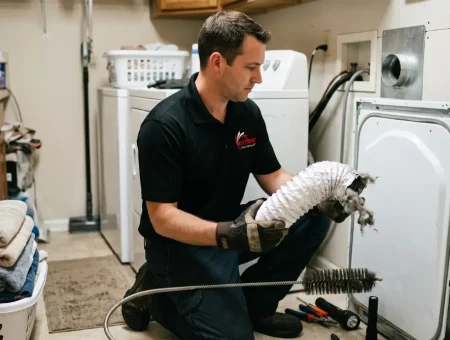 Signs of a clogged dryer vent: technician holding a lint-clogged dryer hose behind a dryer