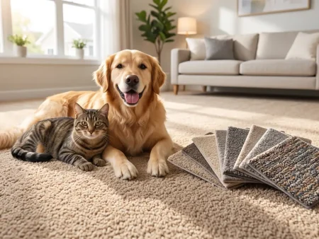 Best carpet for pets: golden retriever and cat lying on a textured carpet beside carpet samples