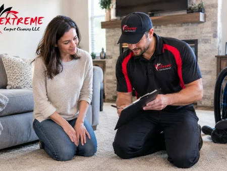 How often should you clean carpet: technician reviewing a carpet cleaning schedule with a homeowner in her living room