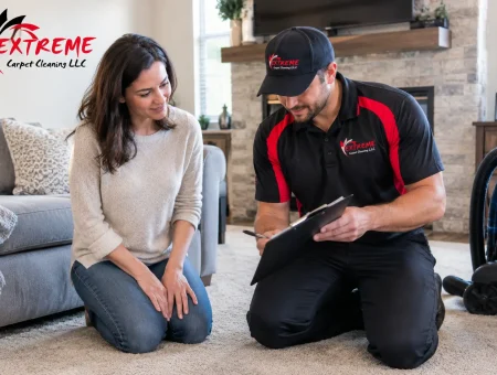 How often should you clean carpet: technician reviewing a carpet cleaning schedule with a homeowner in her living room