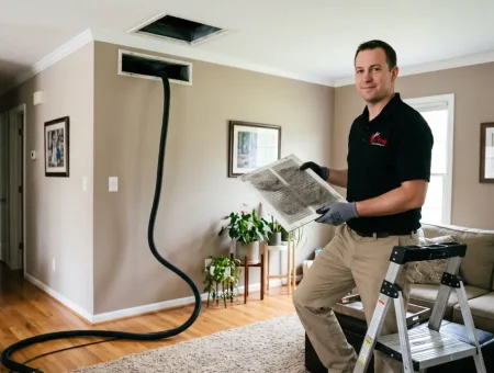 How often should you clean air ducts: Extreme Carpet Cleaning technician holding a dusty vent cover in a living room