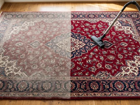 How often to clean area rugs: vacuuming a red oriental area rug, showing a clean half and dirty half