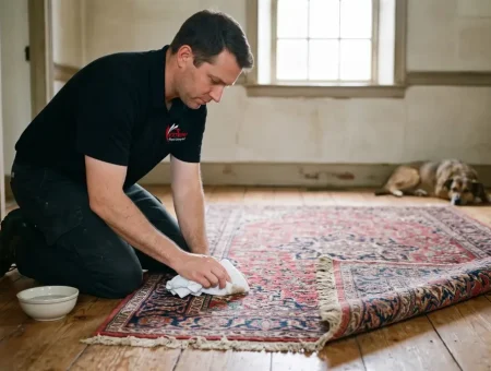 How to clean a wool rug: technician blotting a spot on a wool oriental rug in a farmhouse living room