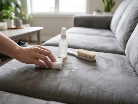 How to clean a microfiber couch: cleaning a gray microfiber couch with a spray bottle and cloth