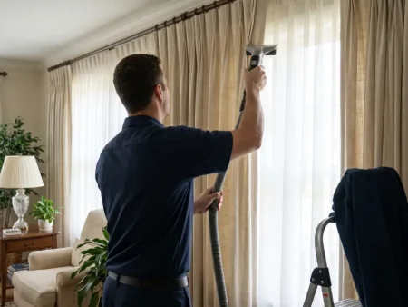 Steam clean curtains without taking them down: technician cleaning curtains still hanging on the rod