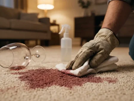 Red wine stain on carpet: blotting a spilled glass of red wine on a beige carpet