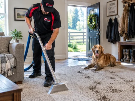 How to get mud out of carpet: technician cleaning muddy paw prints by a back door as a golden retriever watches