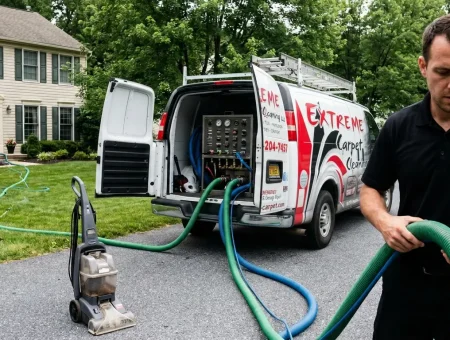Truck-mounted carpet cleaning van with hoses running to a home, next to a small rental carpet cleaner