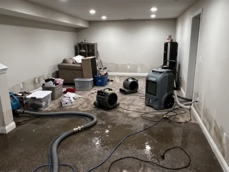 Flooded basement: water extraction and drying equipment set up after basement flooding