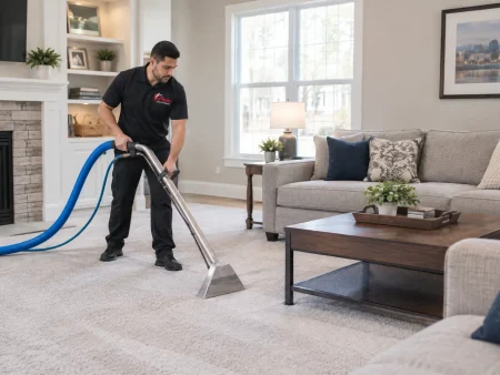 Carpet cleaning before Thanksgiving: technician cleaning a living room carpet with a truck-mounted wand