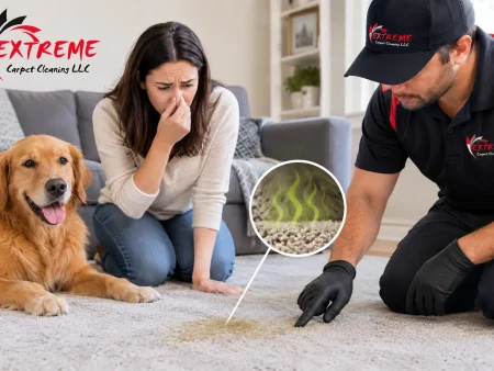 Pet urine smell in carpet: technician pointing out a urine stain as a homeowner and her golden retriever look on