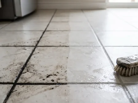Why does grout turn black: dirty black grout lines on a light tile floor with a scrub brush