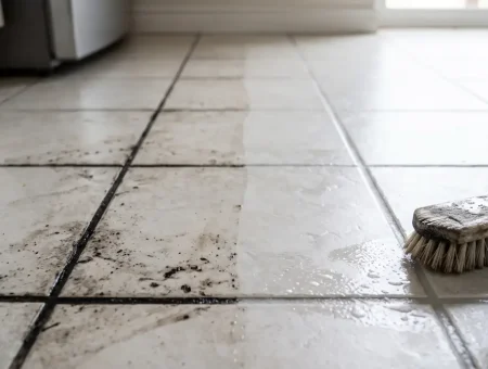 Why does grout turn black: dirty black grout lines on a light tile floor with a scrub brush