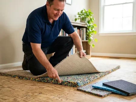 Best carpet padding: a cross-section of carpet layered over thick rebond pad and subfloor
