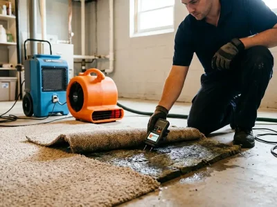 Can wet carpet be saved: a wet carpet corner pulled back in a basement showing damp pad