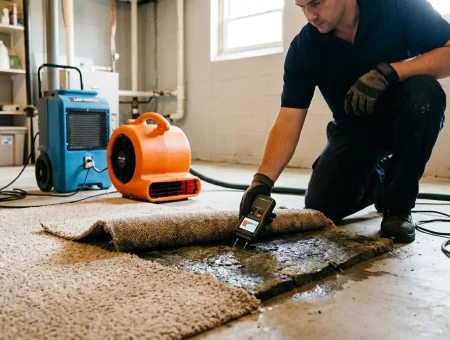 Can wet carpet be saved: a wet carpet corner pulled back in a basement showing damp pad