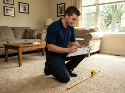 Carpet cleaning cost: a technician in a navy polo kneeling on a beige living-room carpet holding a clipboard with a printed estimate