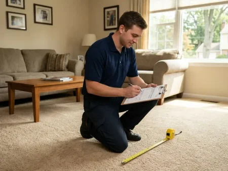 Carpet cleaning cost: a technician in a navy polo kneeling on a beige living-room carpet holding a clipboard with a printed estimate