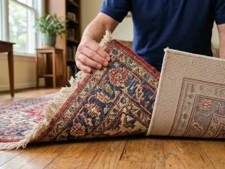 Handmade vs machine made rug: close-up of hands flipping over the corner of a wool area rug to show the knotted back