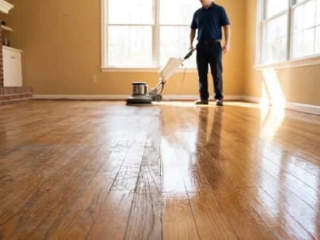 Hardwood floor recoat vs refinish: a hardwood floor with a dull scuffed area next to a glossy freshly recoated section