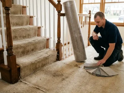 How long does carpet last: worn matted carpet on a staircase landing next to a fresh roll of new carpet and sample swatches