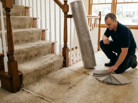 How long does carpet last: worn matted carpet on a staircase landing next to a fresh roll of new carpet and sample swatches
