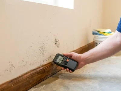 How long does it take for mold to grow after water damage: the lower edge of drywall in a basement with faint dark spots above a damp baseboard