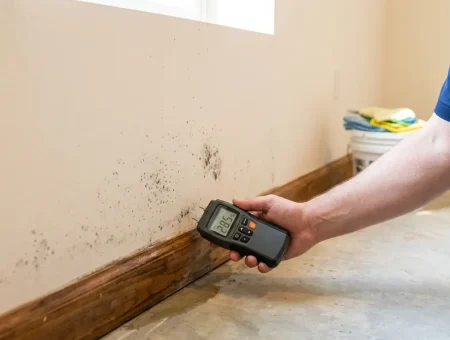 How long does it take for mold to grow after water damage: the lower edge of drywall in a basement with faint dark spots above a damp baseboard