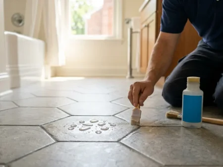 How often to seal grout: water droplets beading on freshly sealed bathroom floor grout