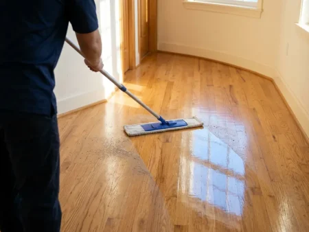How to clean hardwood floors: a warm oak hardwood floor in a sunny hallway