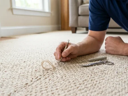 How to fix a snag in carpet: close-up of a pulled loop running across a berber carpet