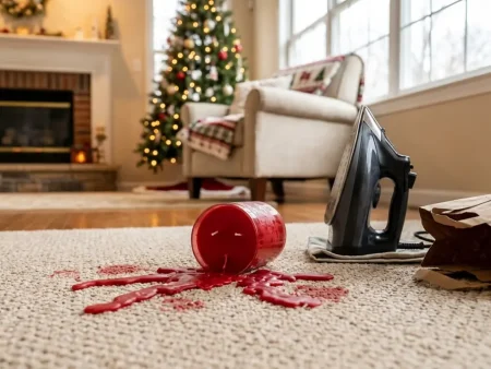 How to get candle wax out of carpet: a red holiday candle tipped over on a beige carpet with hardened wax drips
